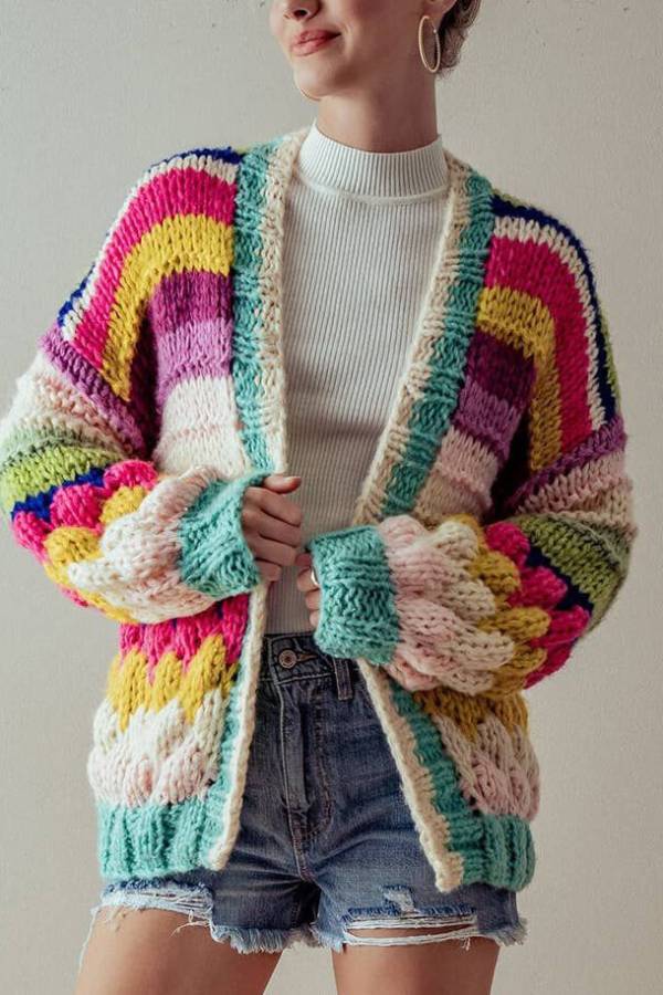 WW | Striped Chunky Knit Cardigan Jacket