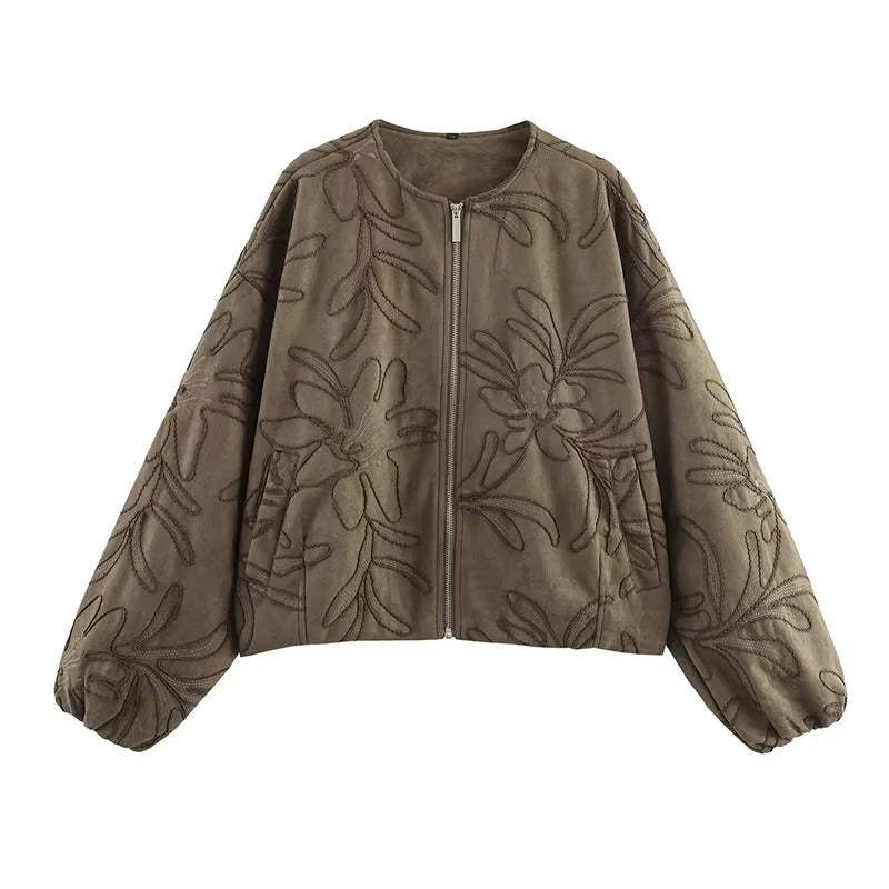 WW | Bomber jacket with suede texture and embroidery