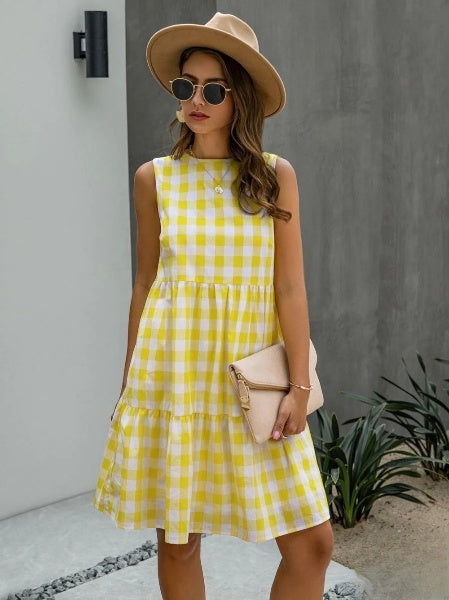 WW | Mode, Locker Geschnittenes Damenkleid mit Rundhalsausschnitt, Kariert Pastelmittelrock