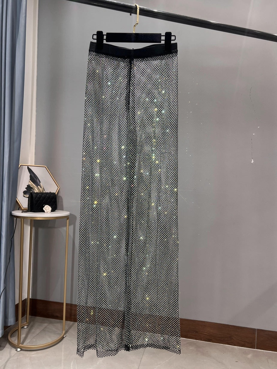 WW | Rhinestone Gerade Netz Weite Bein Slim Fit Schmeichelnde Mop Hosen