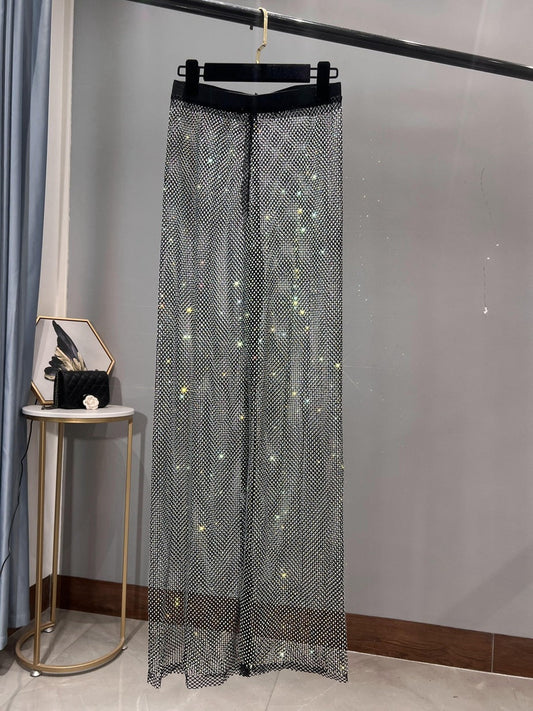 WW | Rhinestone Gerade Netz Weite Bein Slim Fit Schmeichelnde Mop Hosen