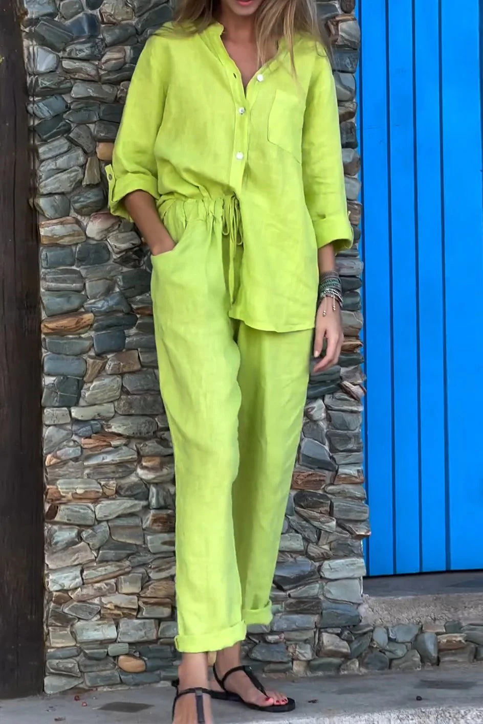 V-neck shirt and cotton trousers