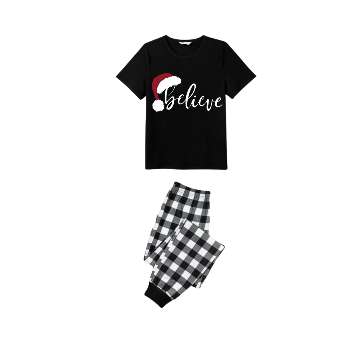WW | Believe Couple Christmas Pajama Set - Black Top Black and White Plaid Pants White Text Graphic
