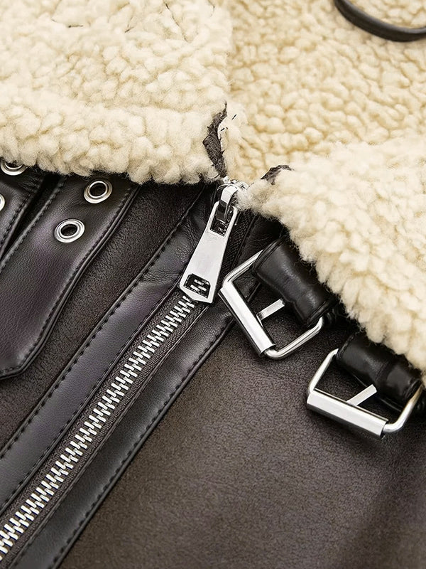 WW | Brown Lambswool Lined Leather Splice Short Jacket