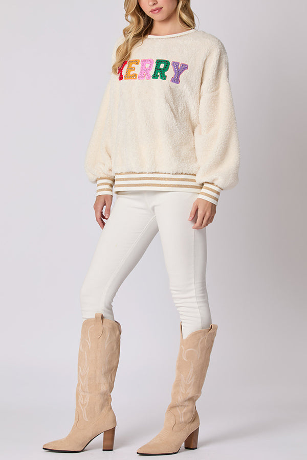 WW | Weihnachtsbuchstaben Strass Langarm Rundhalsausschnitt Sweatshirt