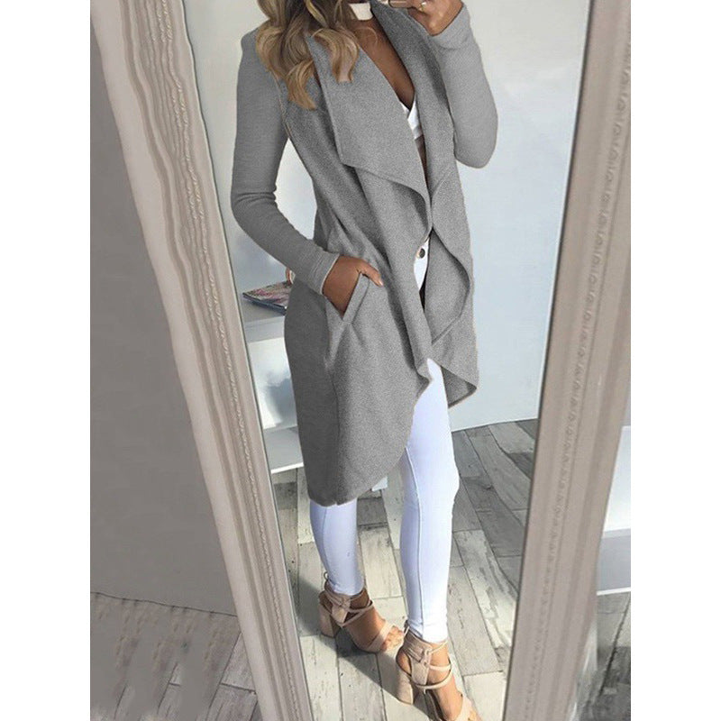 WW | Solid Lapel Slim Long Windbreaker Jacket