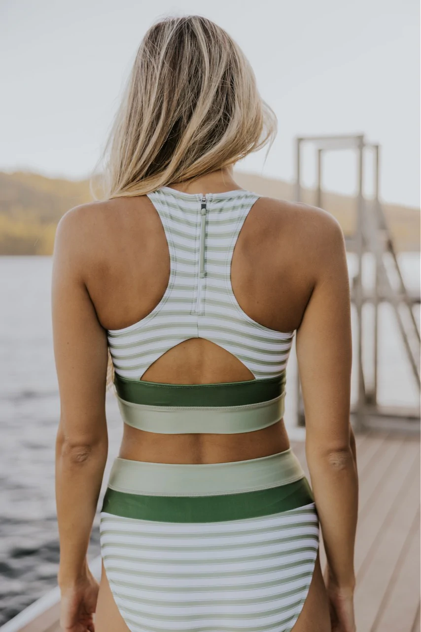 WW | Gestreiftes Reißverschluss-Rücken Schick Bikini Set