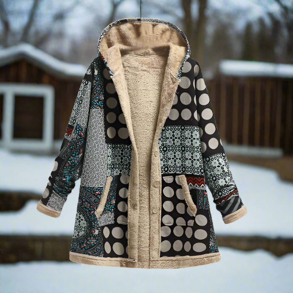 WW | Langer Patchwork-Mantel - Gefüttert mit Fleece - Kapuze & Knopfverschluss - Lässiger Look