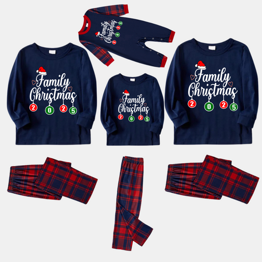 WW | "Family Christmas 2025" Letter Printed Red and Blue Plaid Family Christmas Pajamas
