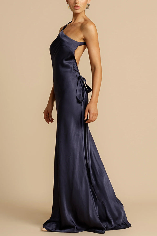 Long satin dress with asymmetric one-shoulder design and open back