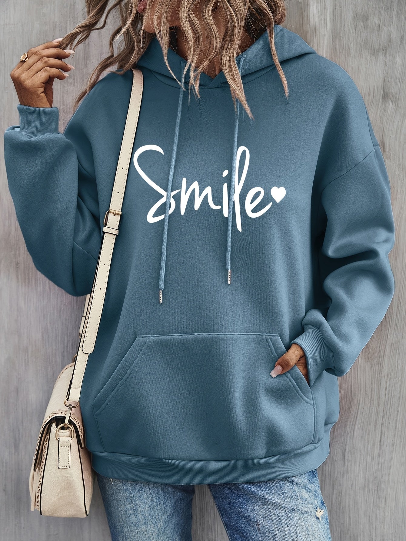 WW | gemütlicher Smile Print Hoodie mit Kordelzug für Frauen