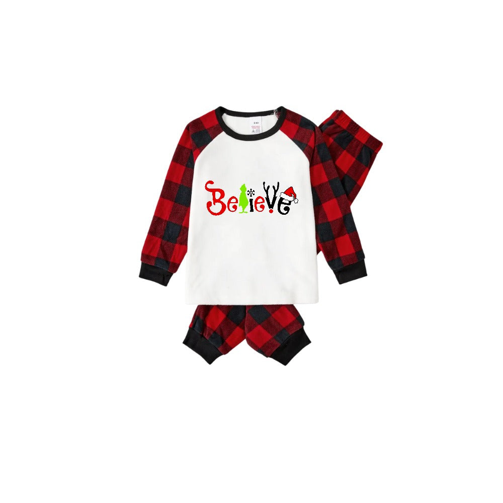 WW | Christmas 2025 "Believe" Letter White Long-Sleeve Top and Red and Black Plaid Pants Family Matching Pajamas
