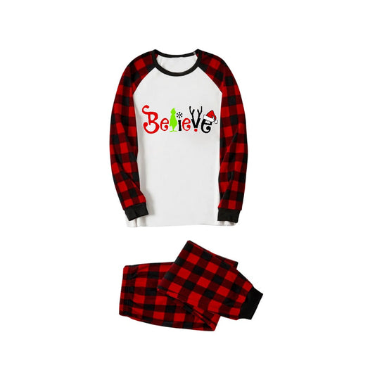 WW | Christmas 2025 "Believe" Letter White Long-Sleeve Top and Red and Black Plaid Pants Family Matching Pajamas