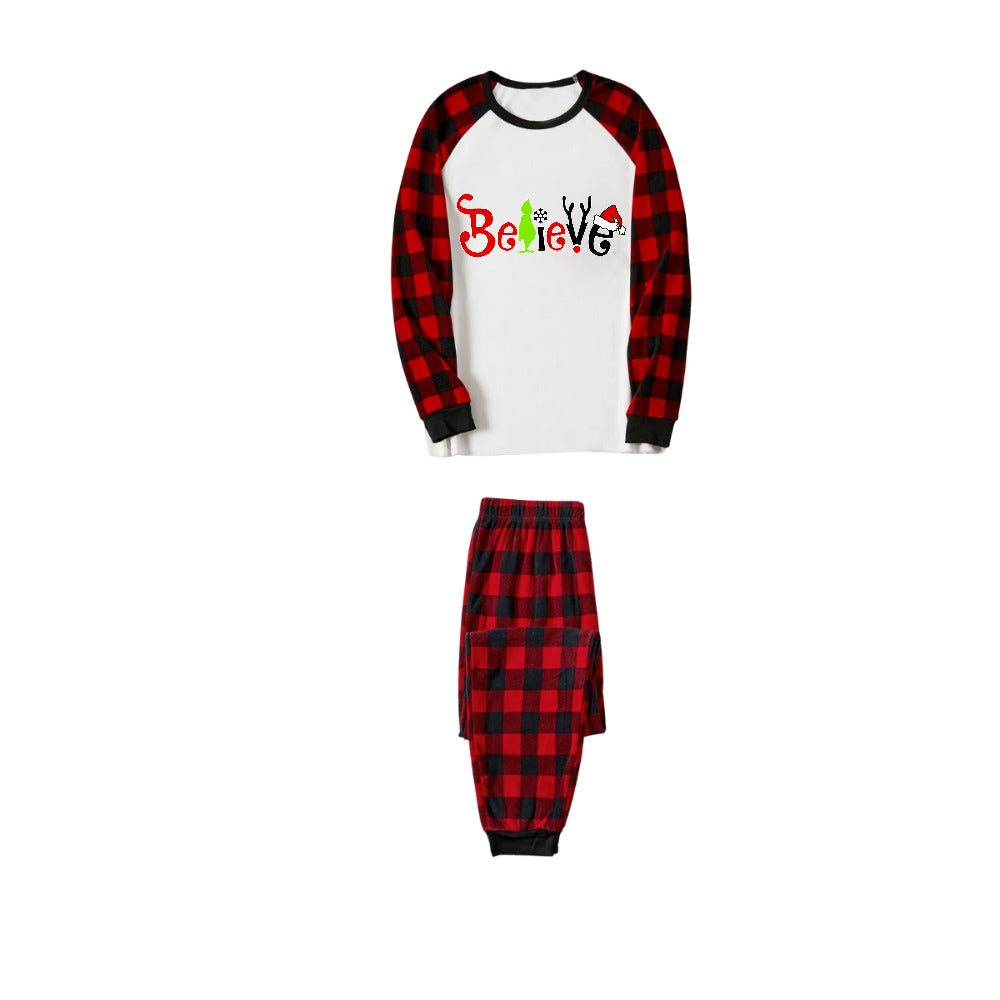 WW | Christmas 2025 "Believe" Letter White Long-Sleeve Top and Red and Black Plaid Pants Family Matching Pajamas