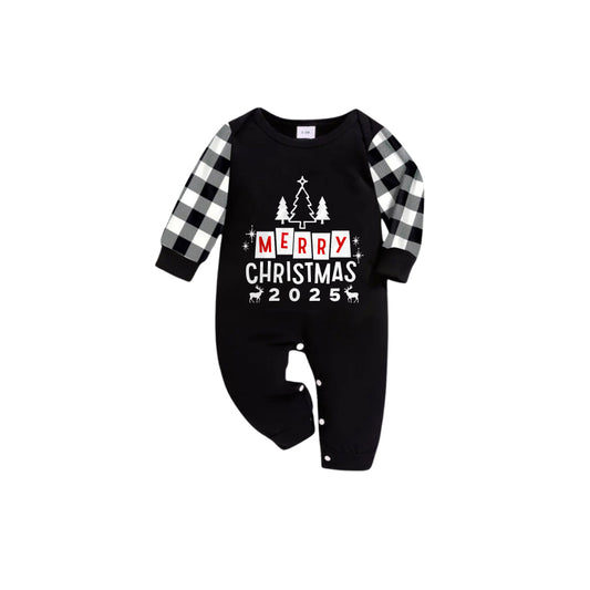 WW | Black and White Plaid Short Sleeve Christmas Family Pajama Set with "Merry Christmas 2025" and Christmas Tree Print