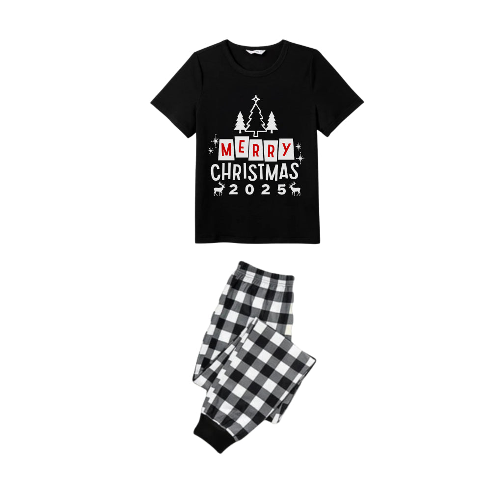 WW | Black and White Plaid Short Sleeve Christmas Family Pajama Set with "Merry Christmas 2025" and Christmas Tree Print