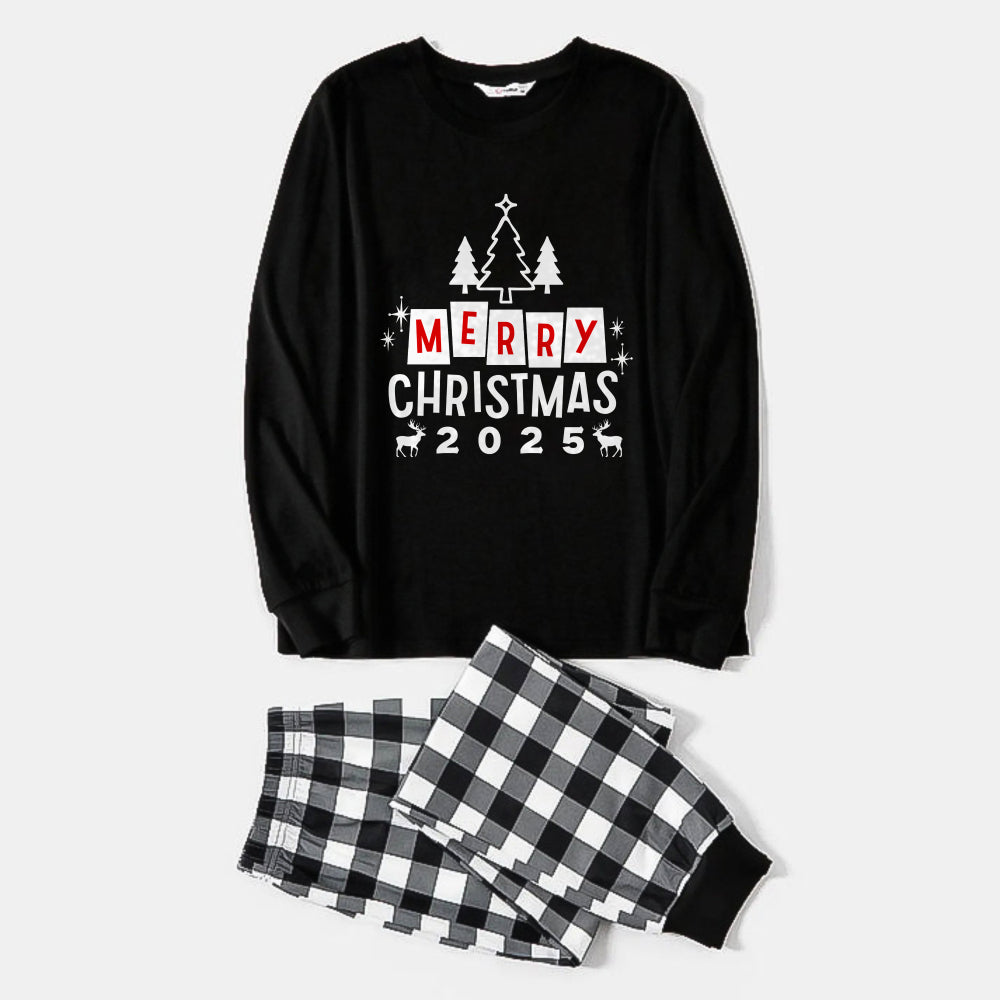 WW | Schwarz-Weiße Karierte Weihnachts-Pyjama-Set mit Weihnachtsbaum und "Frohe Weihnachten" Textdruck