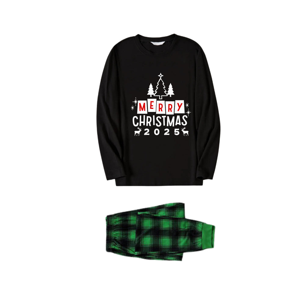 WW | Christmas Family Pyjama Matching - Black Top and Green Plaid Pants PJs Set with "Merry Christmas 2025" Print