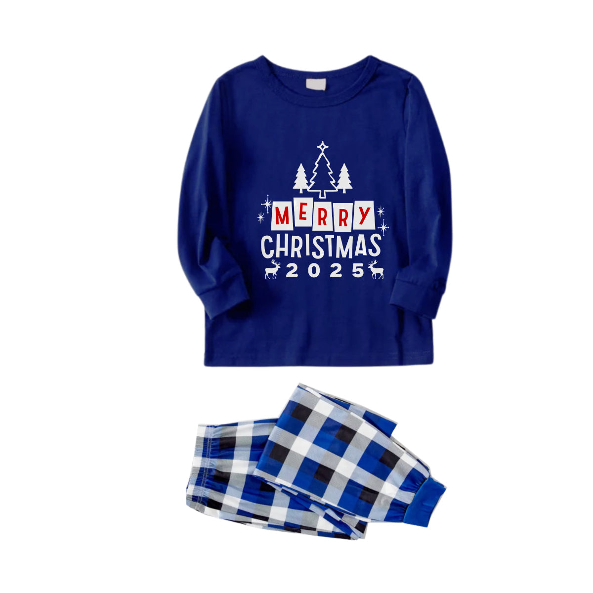 WW | Christmas Family Matching Pajamas - Navy & White Plaid PJs Set with "Merry Christmas 2025" Print