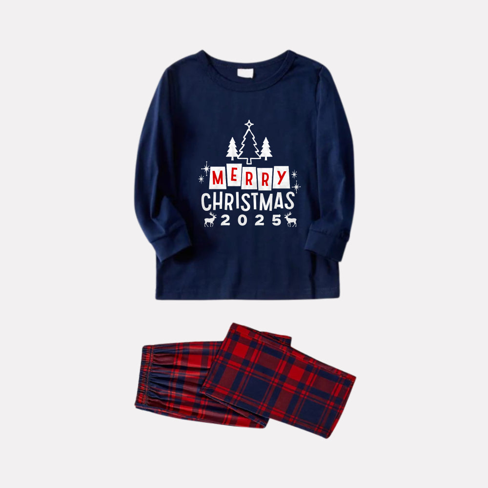 WW | Christmas Family Matching Pajamas - Navy & Red Plaid Pj Set with "Merry Christmas" Print