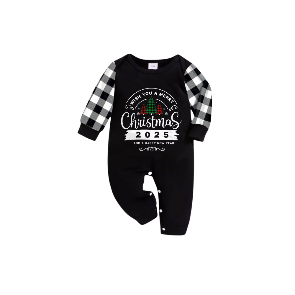 WW | Black and White Plaid Short Sleeve Christmas Family Pajama Set with "Wishing You a Merry Christmas 2025 and a Happy New Year" Print