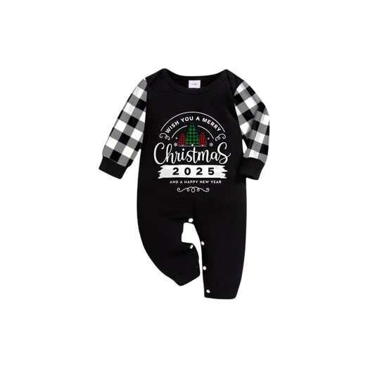 WW | Black and White Plaid Short Sleeve Christmas Family Pajama Set with "Wishing You a Merry Christmas 2025 and a Happy New Year" Print