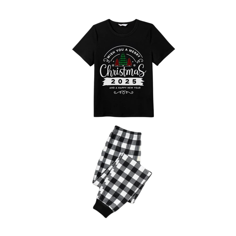 WW | Black and White Plaid Short Sleeve Christmas Family Pajama Set with "Wishing You a Merry Christmas 2025 and a Happy New Year" Print