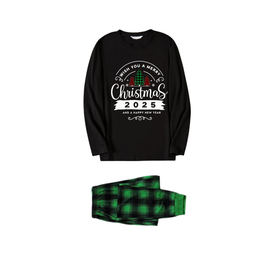 WW | Christmas Family Pajamas Matching - Black Top and Green Plaid Pants Pjs Set with "Wish You A Merry Christmas 2025" Print