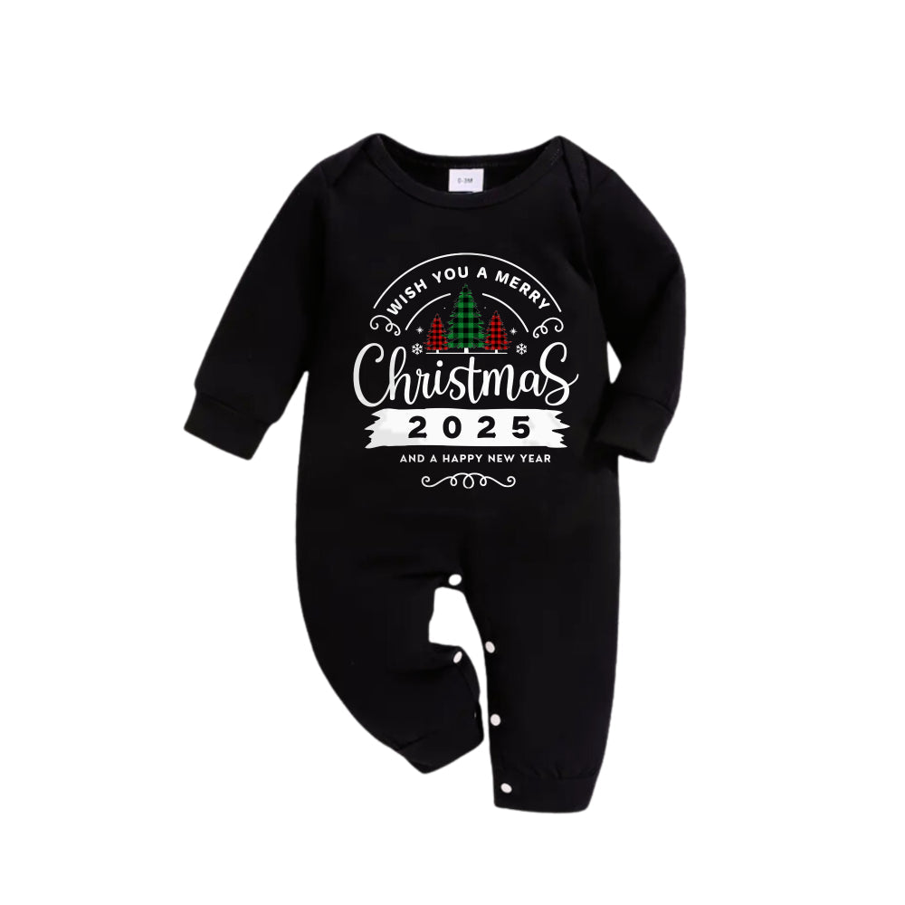 WW | Christmas Family Pajamas Matching - Black Top and Green Plaid Pants Pjs Set with "Wish You A Merry Christmas 2025" Print