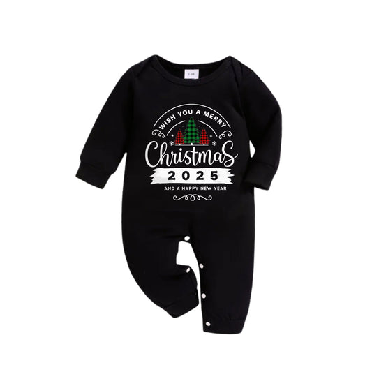 WW | Christmas Family Pajamas Matching - Black Top and Green Plaid Pants Pjs Set with "Wish You A Merry Christmas 2025" Print