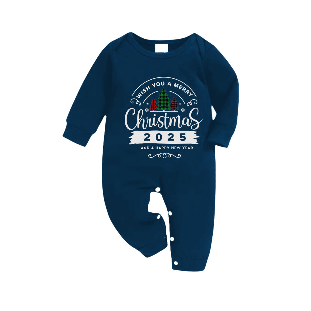 WW | Christmas Family Matching Pajamas - Navy and Sky Blue Checked PJs Set with "Wishing You A Very Merry Christmas 2025" Print