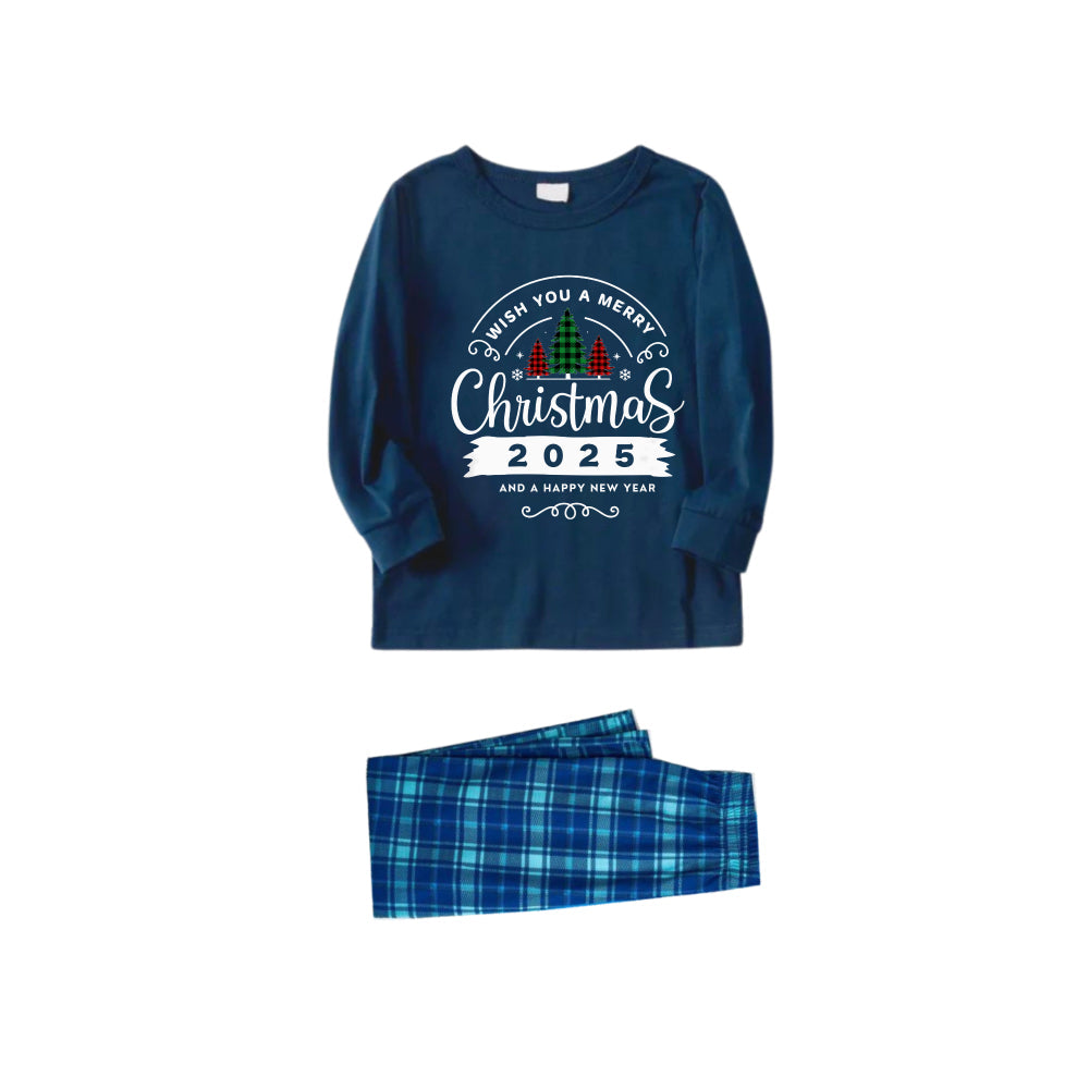 WW | Christmas Family Matching Pajamas - Navy and Sky Blue Checked PJs Set with "Wishing You A Very Merry Christmas 2025" Print
