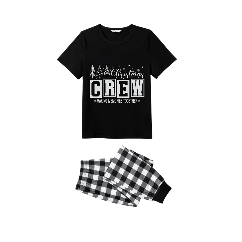 WW | Black and White Plaid Short Sleeve Christmas Family Pajama Set with "Christmas Crew Making Memories Together" Print