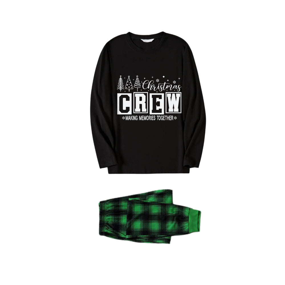 WW | Christmas Family Pajama Vote - Black Top and Green Plaid Pants Pajama Set with "Christmas Crew Making Memories Together" Print
