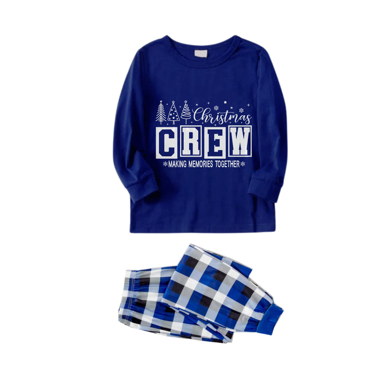 WW | Christmas Family Matching Pajamas - Navy & White Plaid PJs Set with "Christmas Crew Making Memories Together" Print