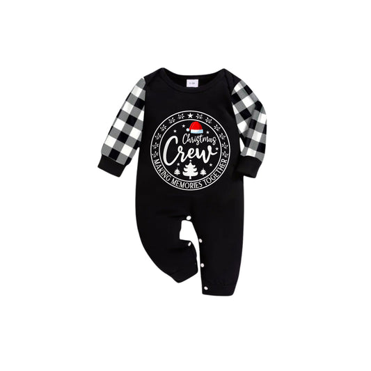 WW | Black and White Plaid Short Sleeve Christmas Family Pajama Set with Santa Hat and "Christmas Crew Making Memories Together" Print