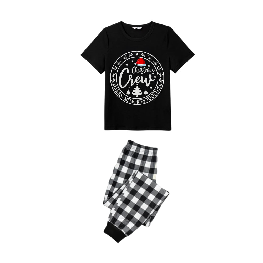 WW | Black and White Plaid Short Sleeve Christmas Family Pajama Set with Santa Hat and "Christmas Crew Making Memories Together" Print