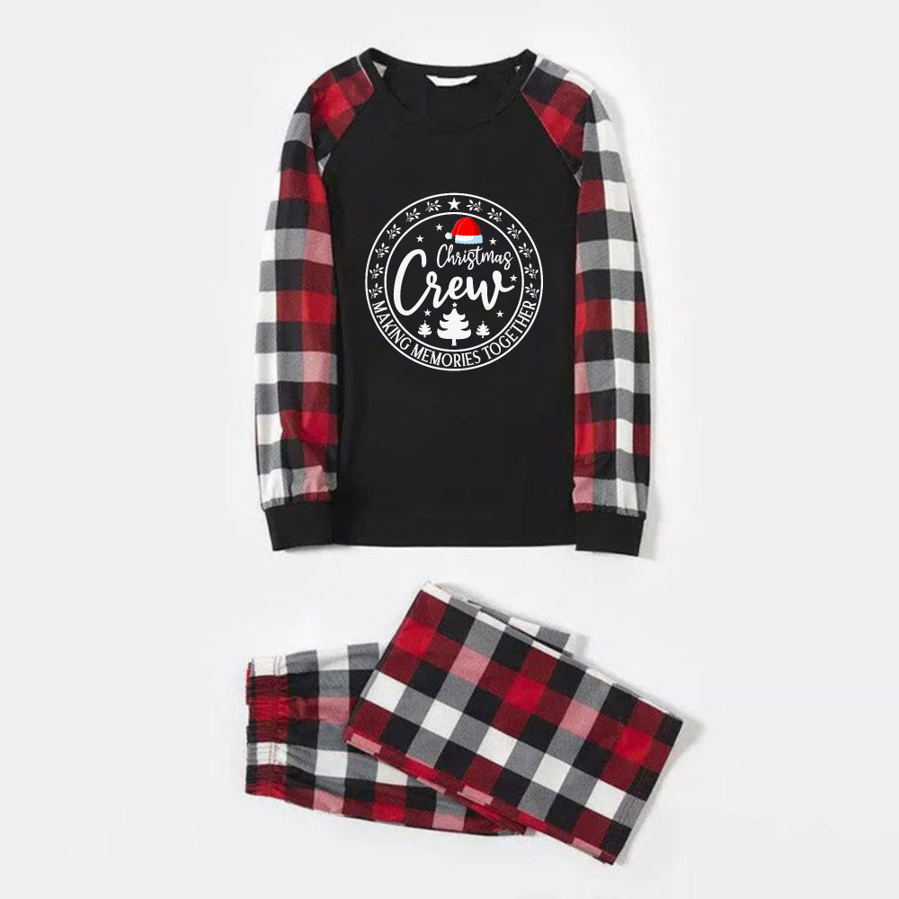 WW | Christmas Family Pajama Sets - Red and Grey Plaid PJs with “Christmas Crew” and Santa Hat Pattern Print