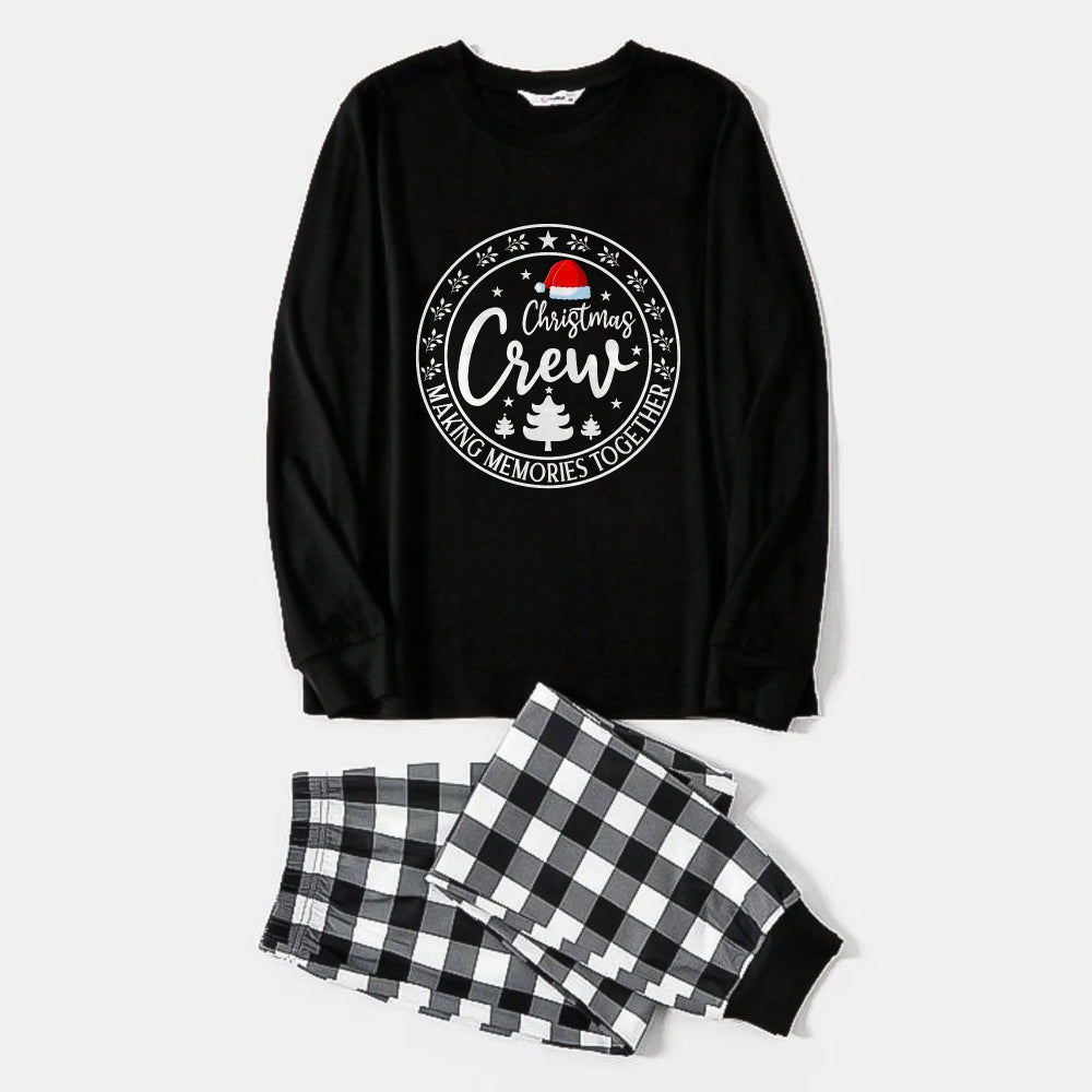 WW | Schwarzes und weißes karierte Weihnachts-Pyjama-Set mit Santa-Hut und "Gemeinsam Erinnerungen schaffen" Textdruck