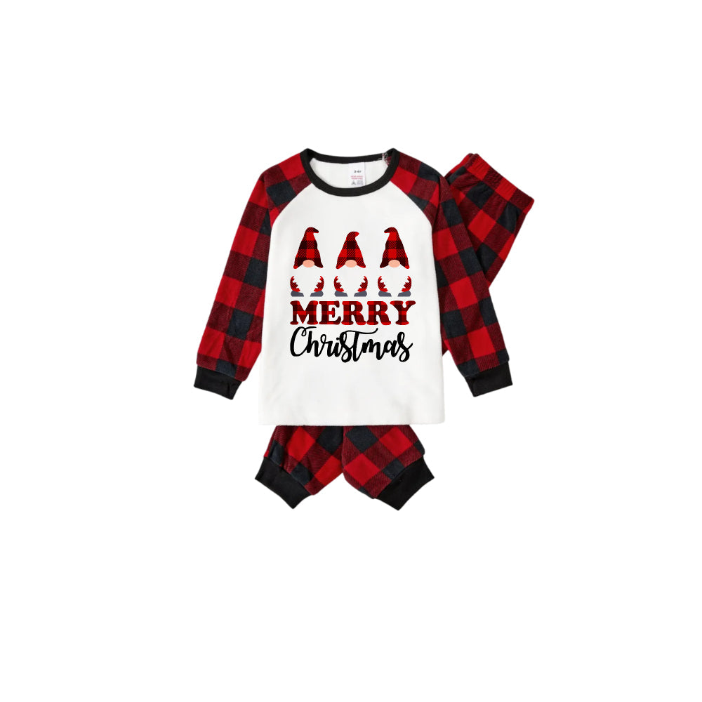 WW | FRÖHLICHE Weihnachtsbriefe und Santa-Hut bedrucktes weißes Langarmoberteil mit rot-schwarzen karierten Hosen Familienpyjamas