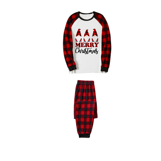 WW | MERRY Christmas Letters and Santa Hat Print White Long Sleeve Top with Red and Black Plaid Pants Family Pajamas
