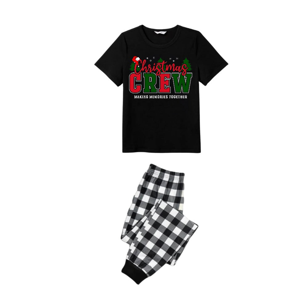 WW | Black and White Plaid Short Sleeve Christmas Family Pajama Set with Colorful "Christmas Crew Making Memories Together" Print