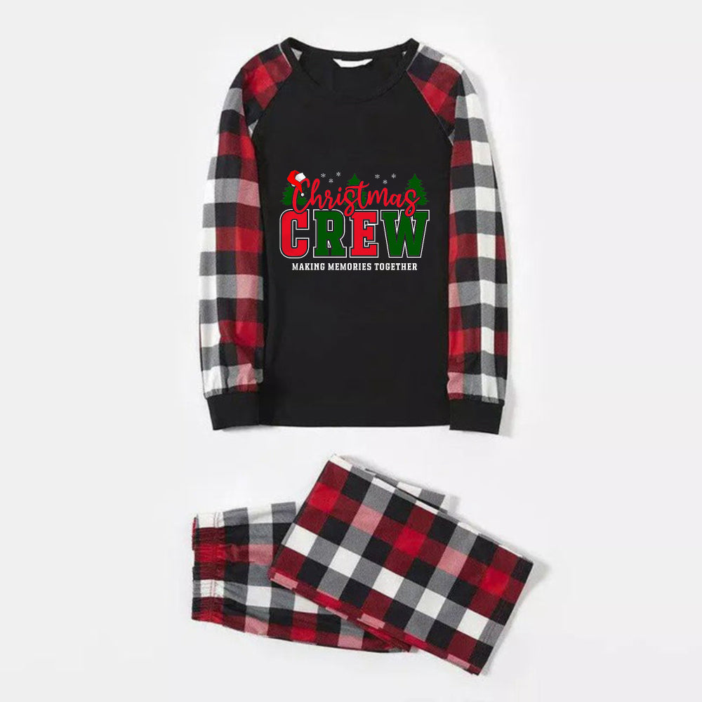 WW | Christmas Family Matching Pajamas - Red and Gray Plaid Pajamas with "Christmas Crew Making Memories Together" in Artistic Script
