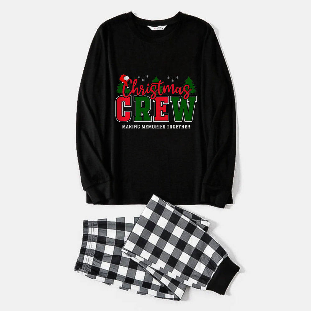 WW | Schwarz-weißer Karierte Weihnachts-Pyjama-Set mit "Christmas Crew Making Memories Together" Druck