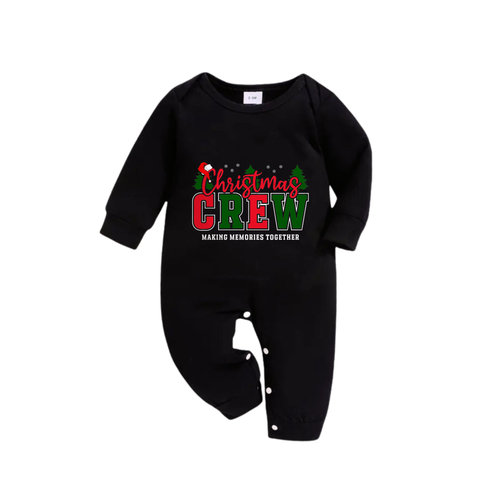 WW | Christmas Family Matching Pajamas - Black Top and Green Plaid Pants PJs Set with "Christmas Crew Making Memories Together" Slogan Print