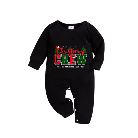 WW | Christmas Family Matching Pajamas - Black Top and Green Plaid Pants PJs Set with "Christmas Crew Making Memories Together" Slogan Print