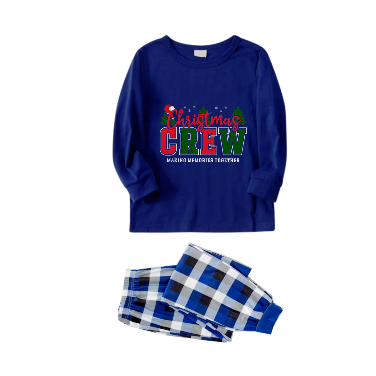 WW | Christmas Family Matching Pajamas - Navy & White Plaid PJs Set with "Christmas Crew Making Memories Together" Slogan Print