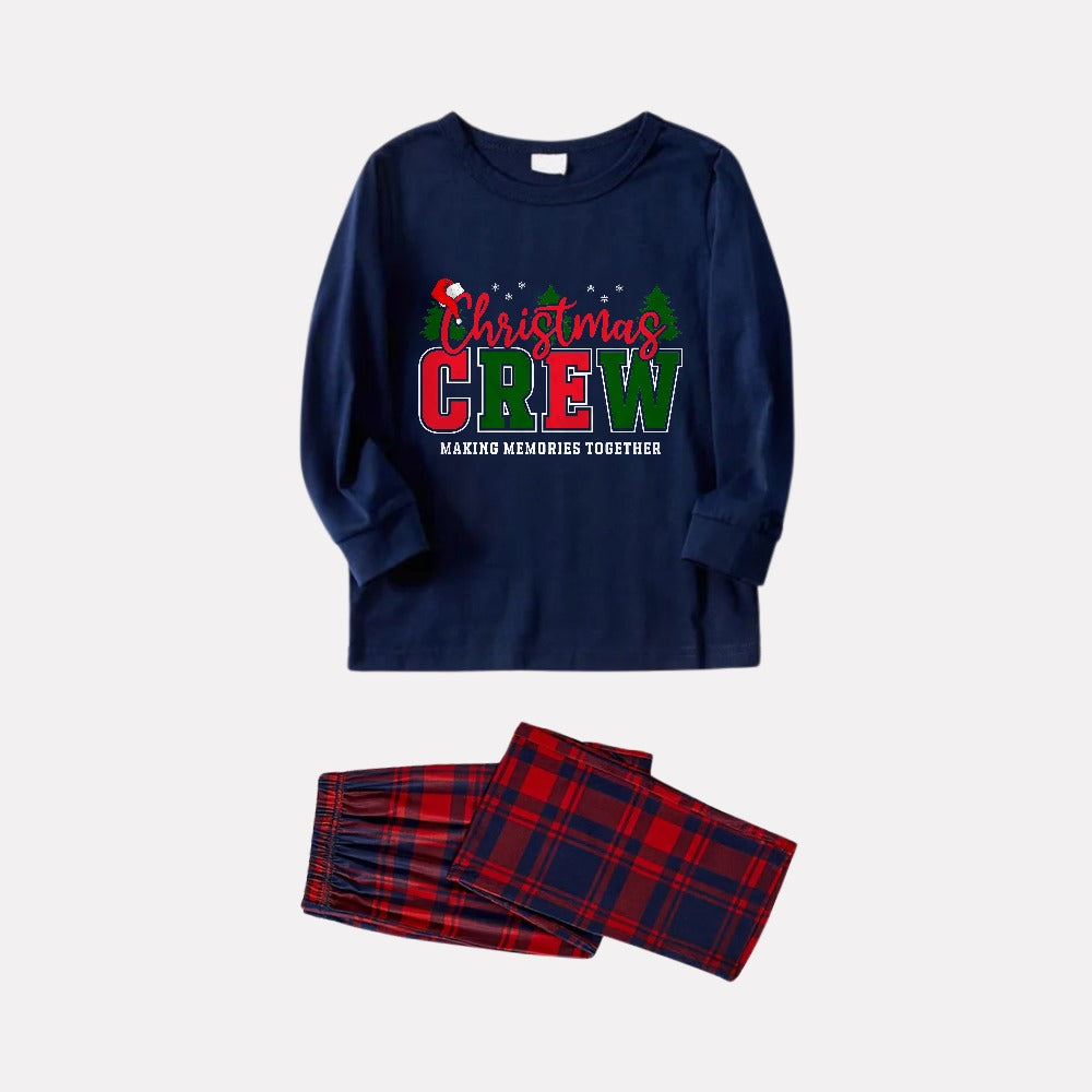 WW | Christmas Family Matching Pajamas - Navy & Red Plaid PJs Set with "Christmas Crew Making Memories Together" Print