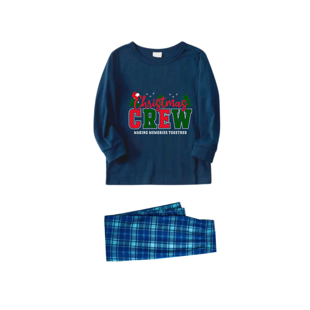 WW | Christmas Family Pyjama Matching - Navy & Sky Blue Plaid PJs Set with "Christmas Crew Making Memories Together" Slogan Print