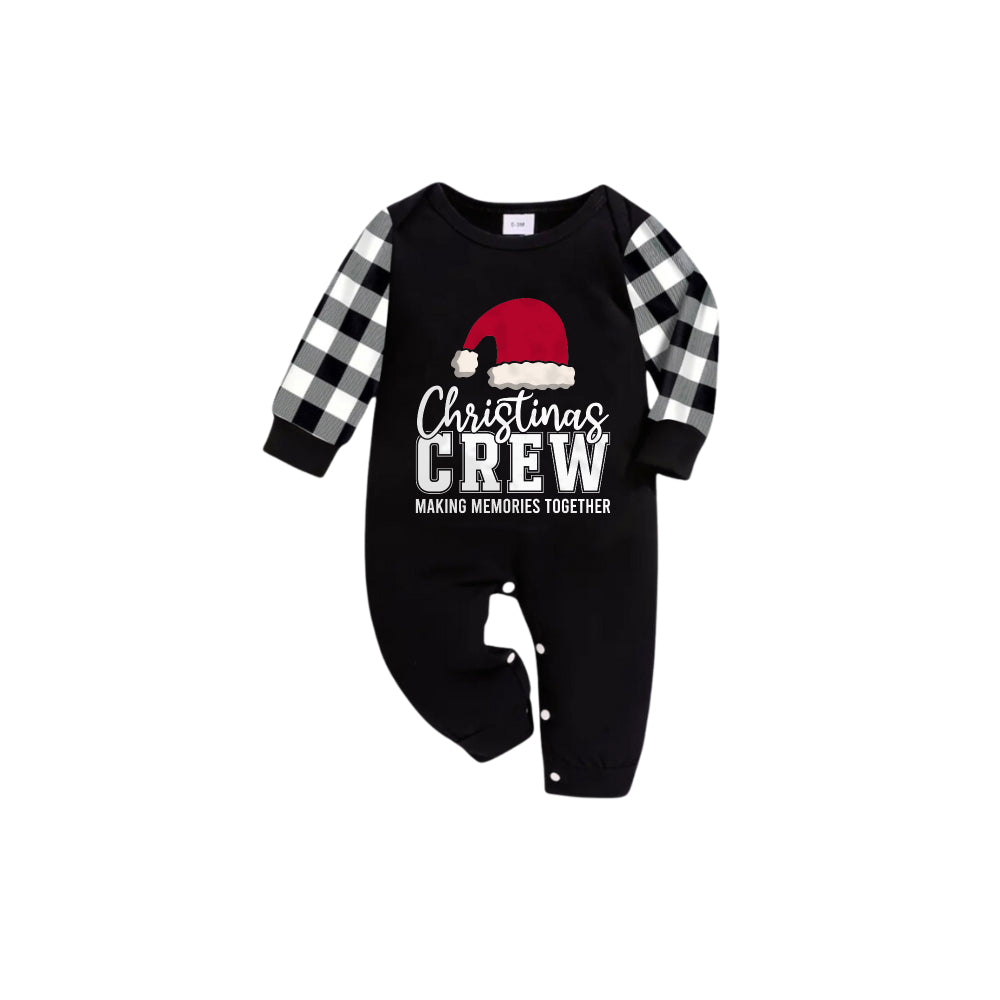 WW | Black and White Checked Short Sleeve Christmas Family Pajama Set with Santa Hat and Text Print